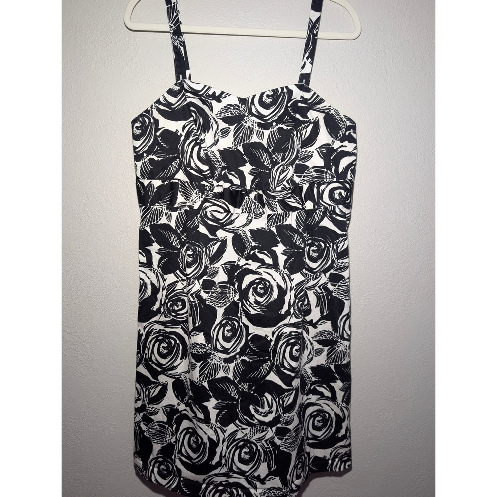 Lane Bryant Floral Dress Womens 14 Black White Rose Fit Flare Cotton Adjustable